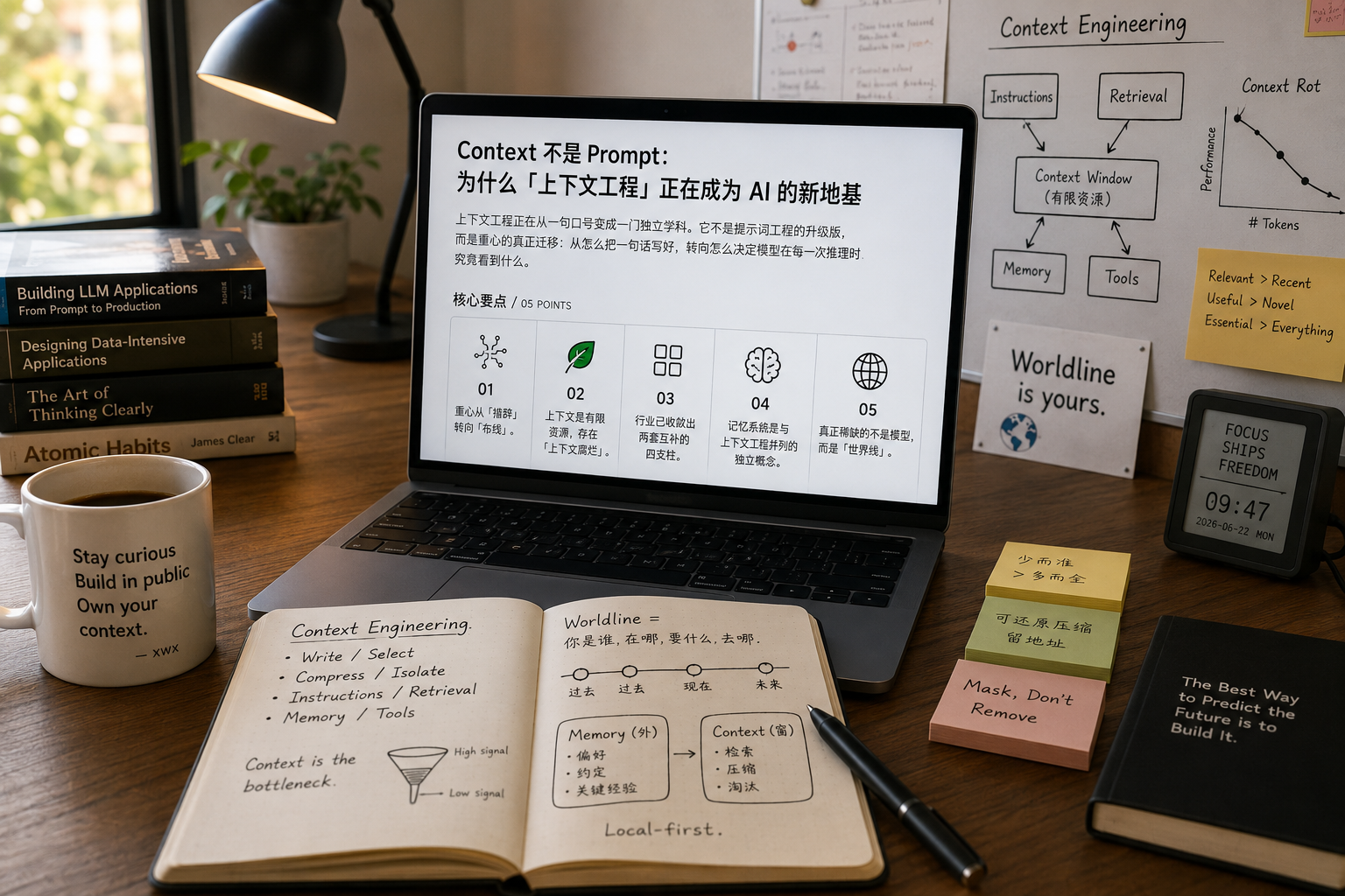 书桌上的笔记本电脑显示「Context 不是 Prompt」文章与核心要点面板，旁边摊开的笔记写着 Context Engineering 的四支柱与 Worldline